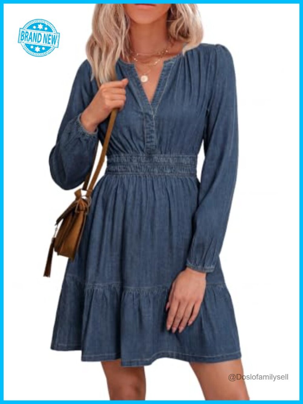 Womens Denim Dress Long Sleeve Smocked Waist A-Line Mini Jean Dress